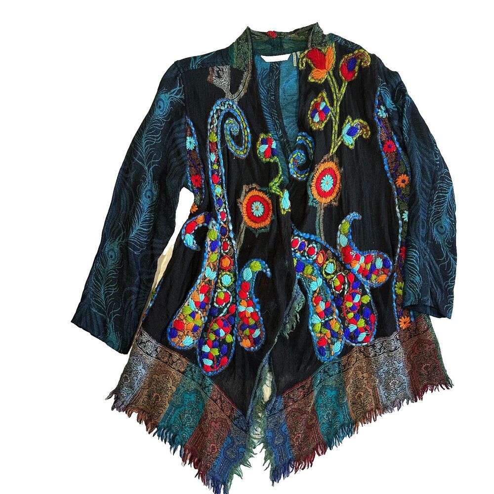 Soft Surroundings Embroidered Peacock Feather Kimono Cardigan Jacket Women's S - Picture 1 of 15